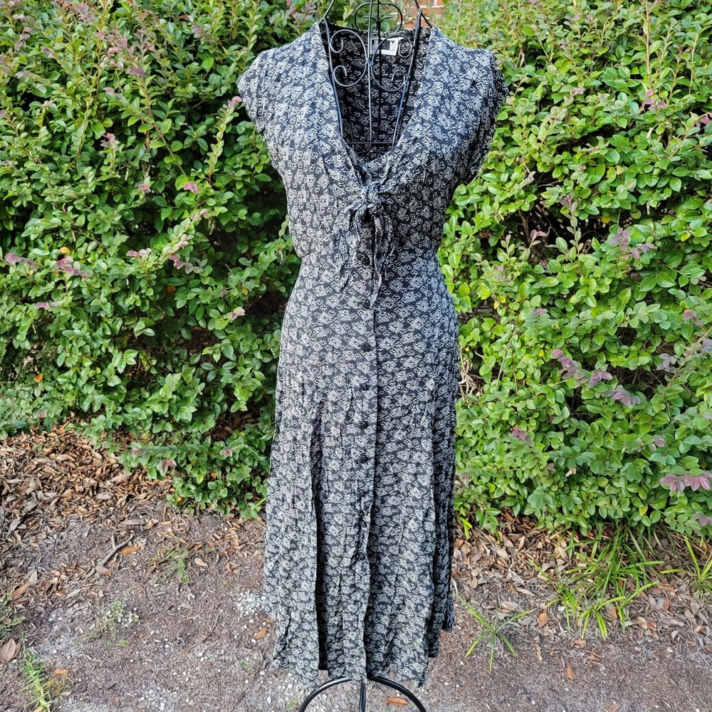 Shelli Segal S Dress Black White Floral 90s Midi Button Down Whimsigoth Summer